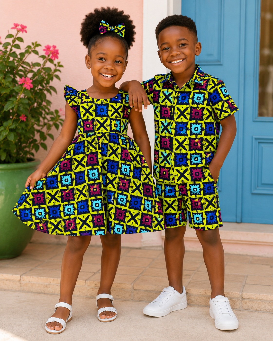 Two children in matching colorful outfits standing in front of a blue door.