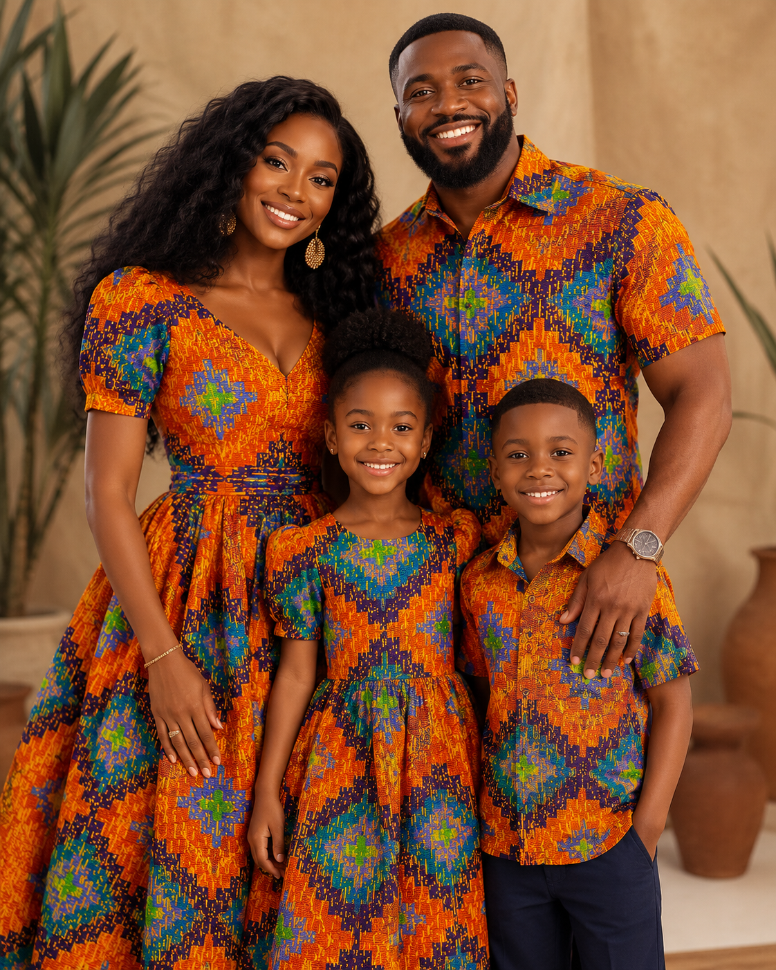 Family of four wearing matching colorful traditional outfits indoors.