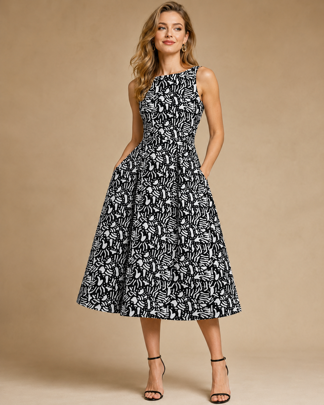 Woman wearing a black and white patterned dress on a beige background