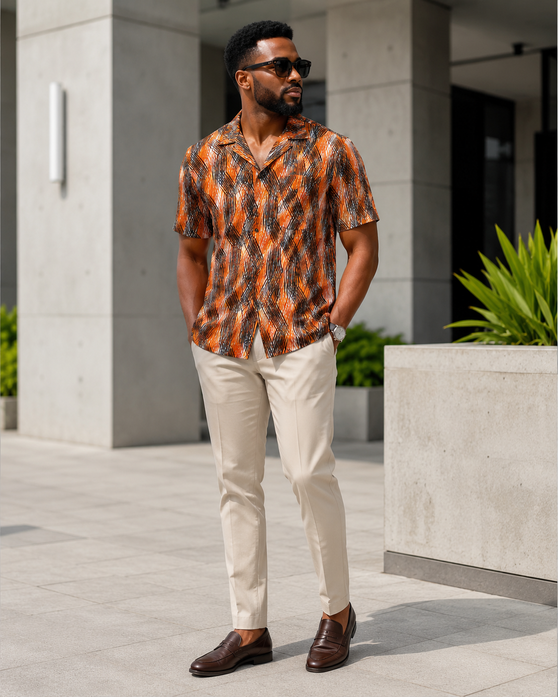 Man wearing an orange patterned shirt and beige pants standing outdoors.