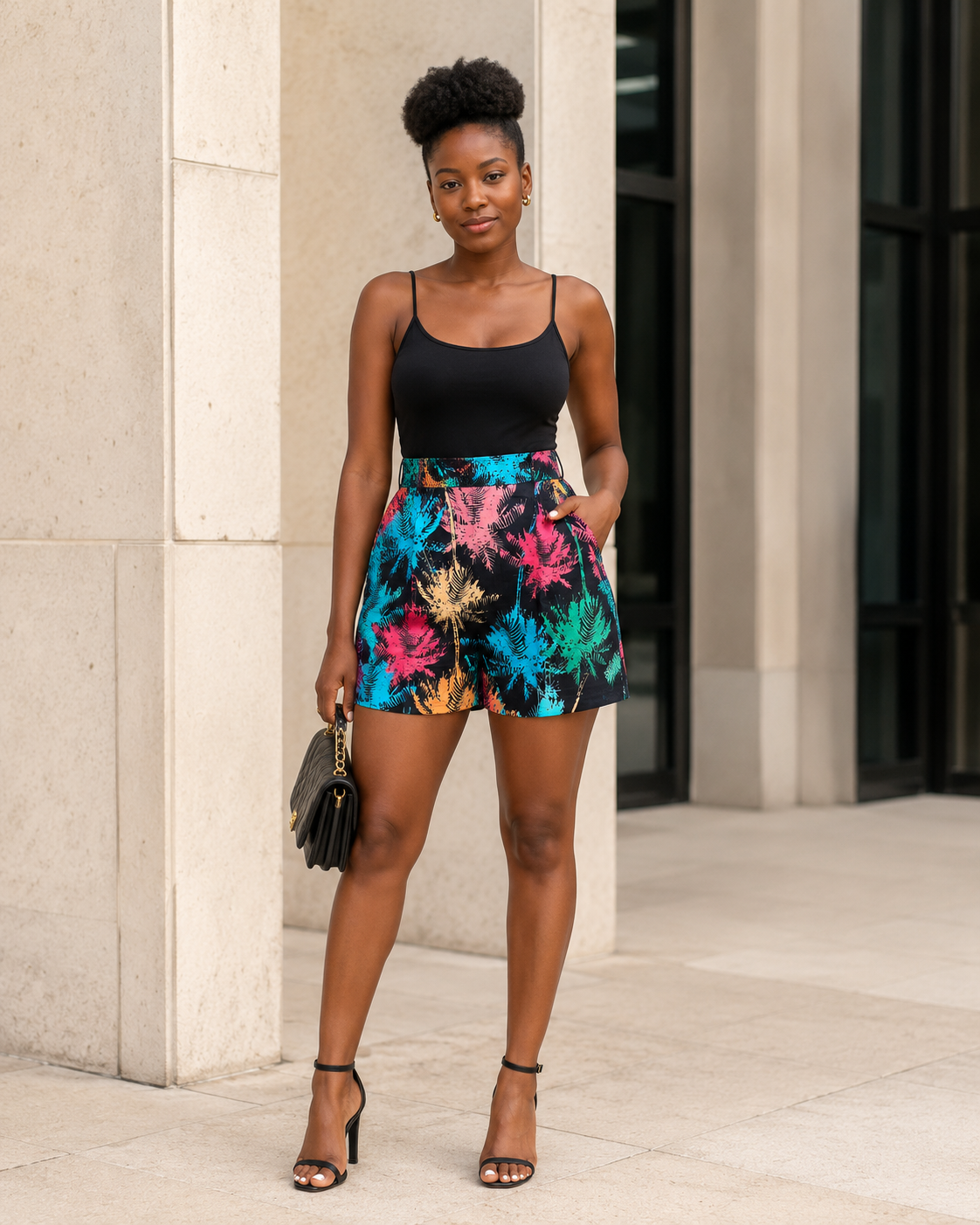 A woman stands outdoors against a beige stone building, wearing a black spaghetti-strap top and high-waisted shorts with a bright multicolor floral print in pink, blue, and green. She is holding a small black handbag and wearing black strappy heels.