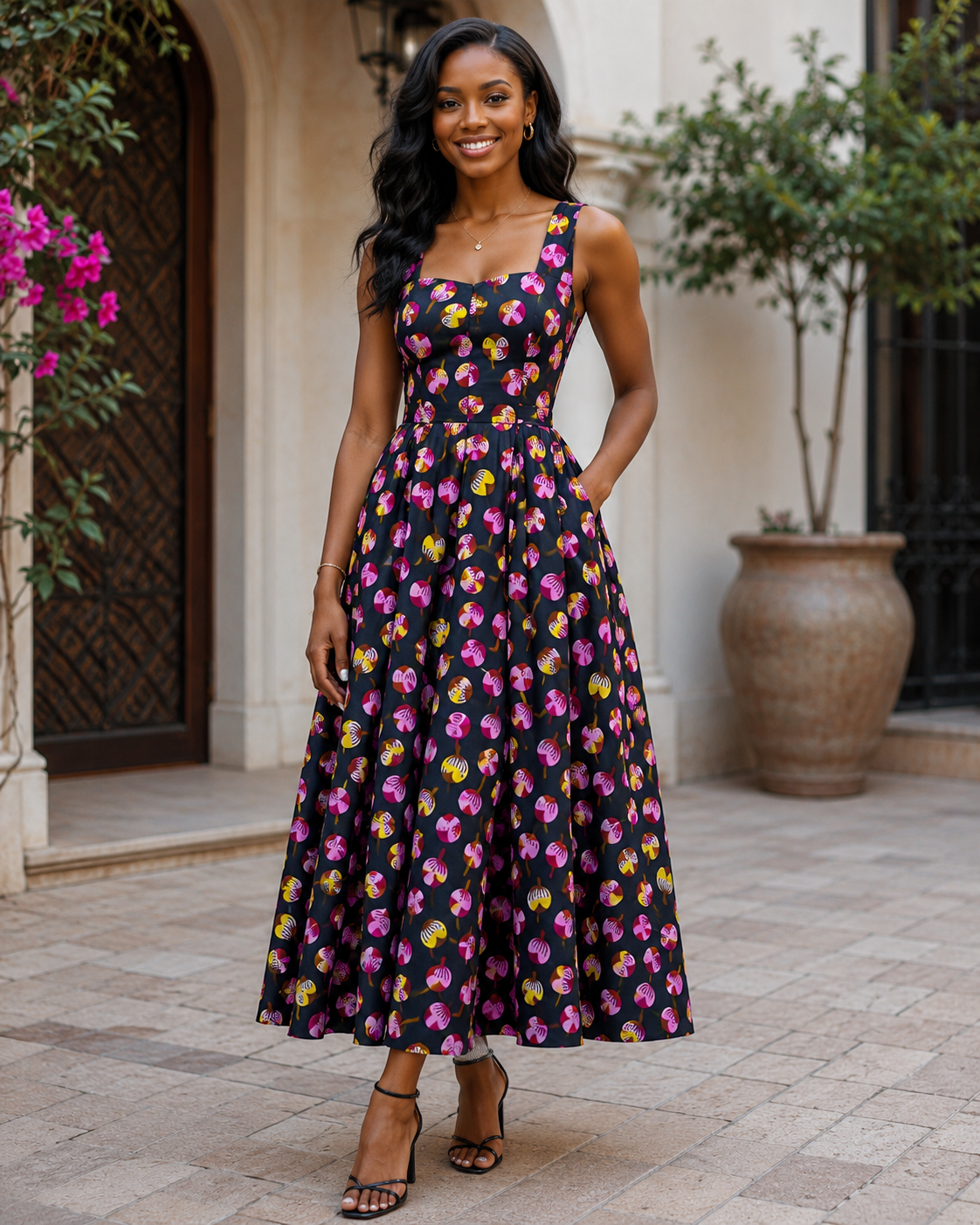 Woman wearing a floral dress standing outdoors near a building with plants.