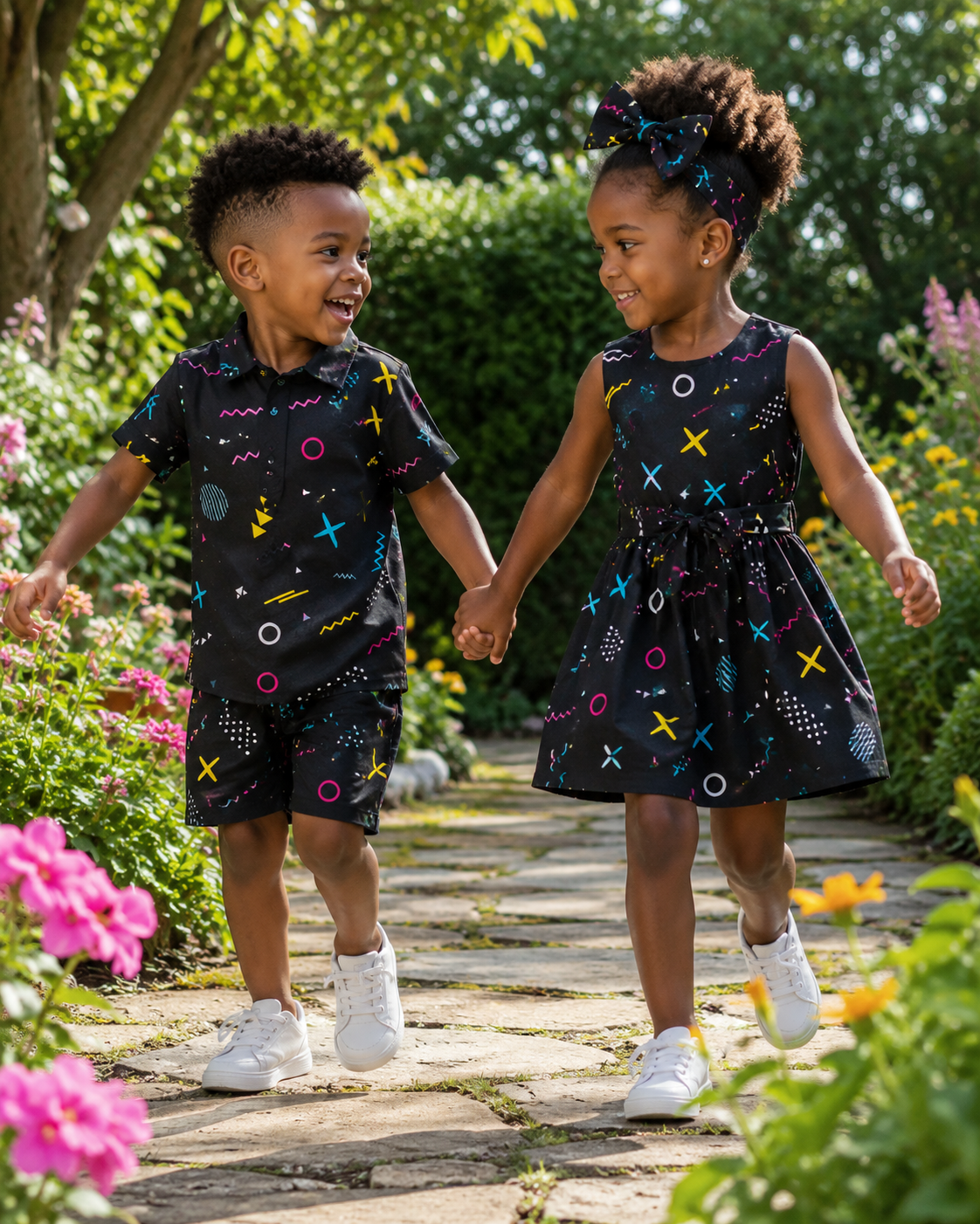 Two children holding hands and walking on a wooden path in a garden.