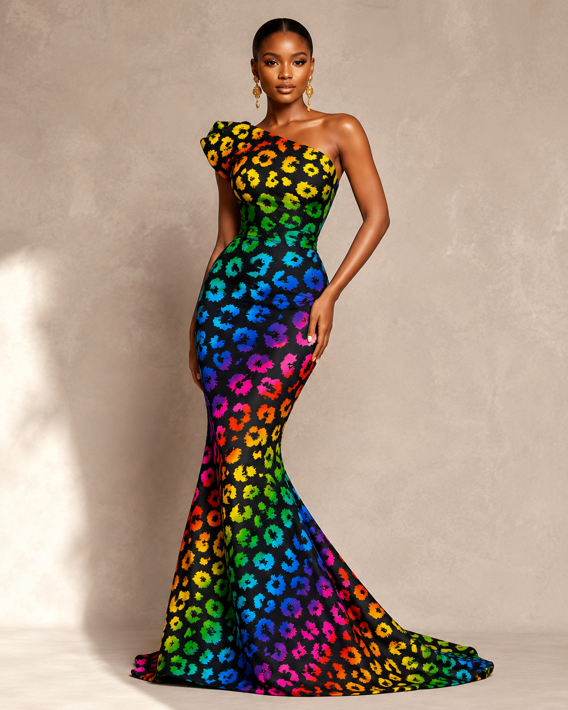 Model wearing a colorful one-shoulder gown with a rainbow leopard print on a neutral background