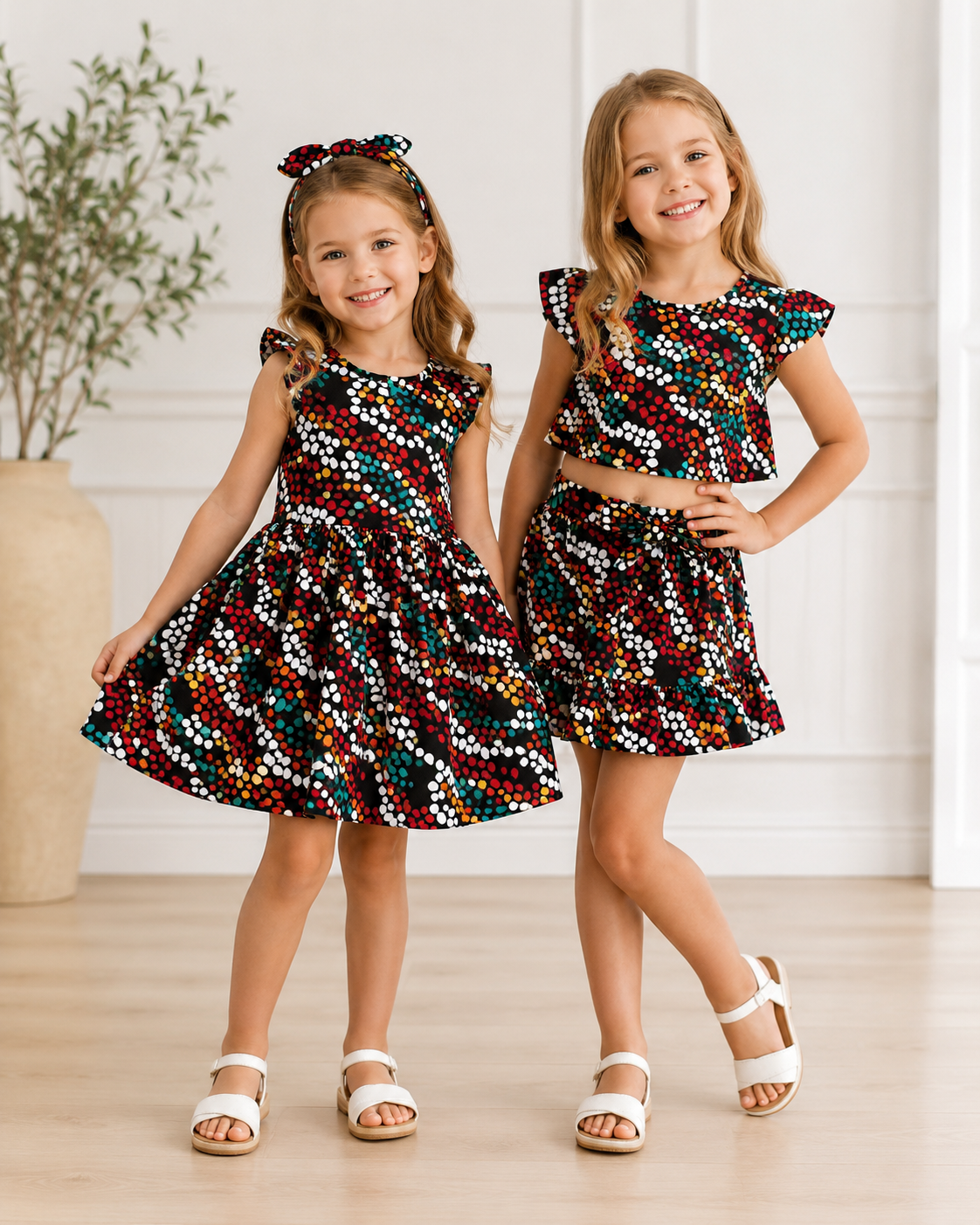 Two young girls wearing colorful patterned dresses standing indoors.
