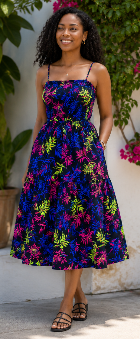 A woman wearing a vibrant midi dress with a floral pattern in purple, blue, pink, and green, standing outdoors against a white wall with green foliage.