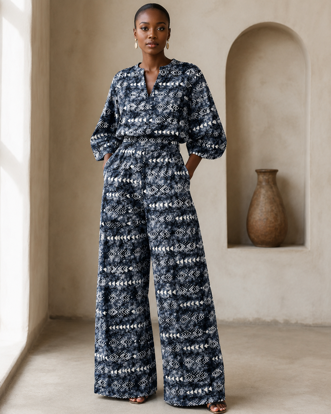 Woman wearing a patterned outfit in a room with a vase on a shelf.
