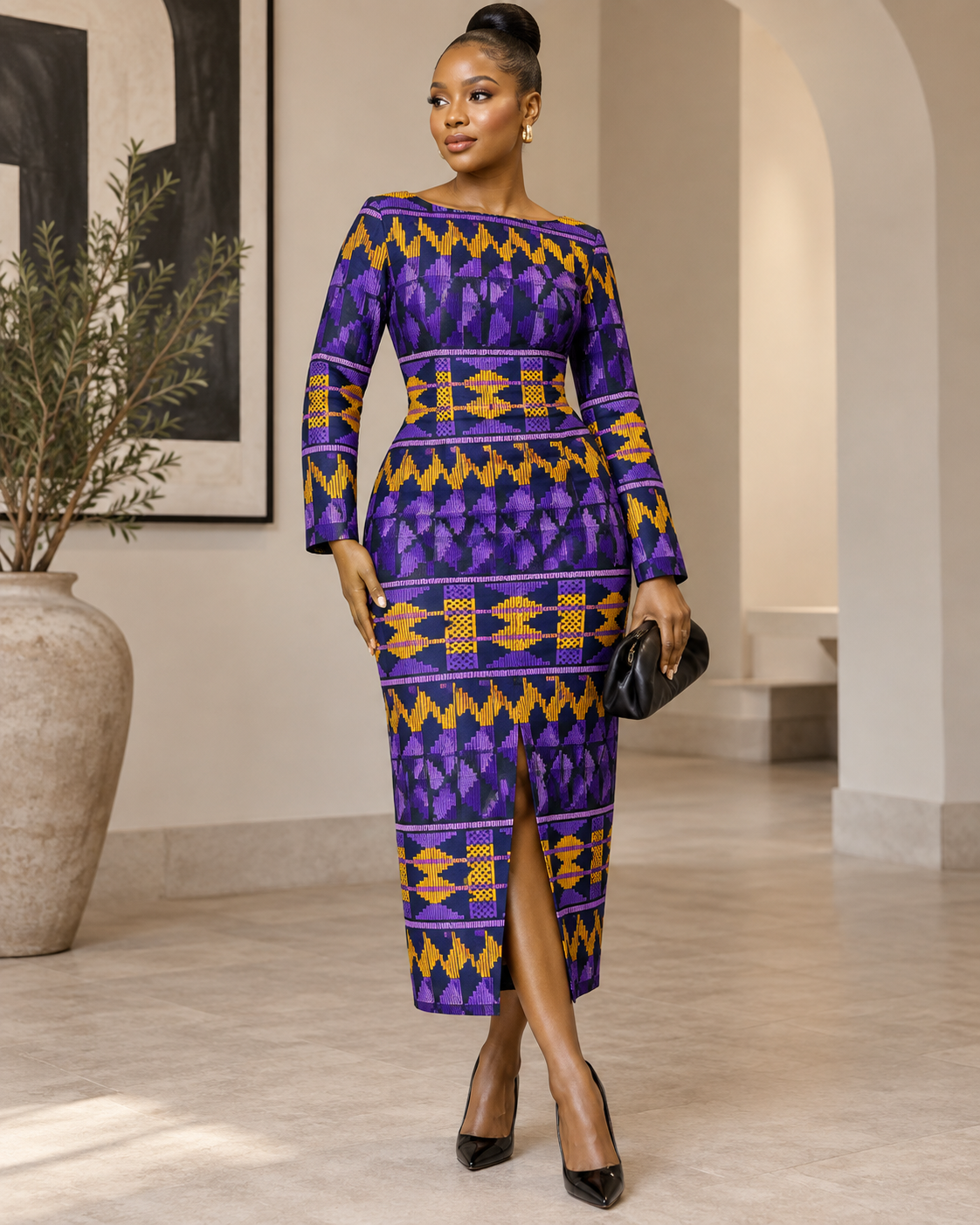 Purple Navy & Mustard Kente-Inspired African Fabric – African Wax Print (6 Yards UK) – MASI2583