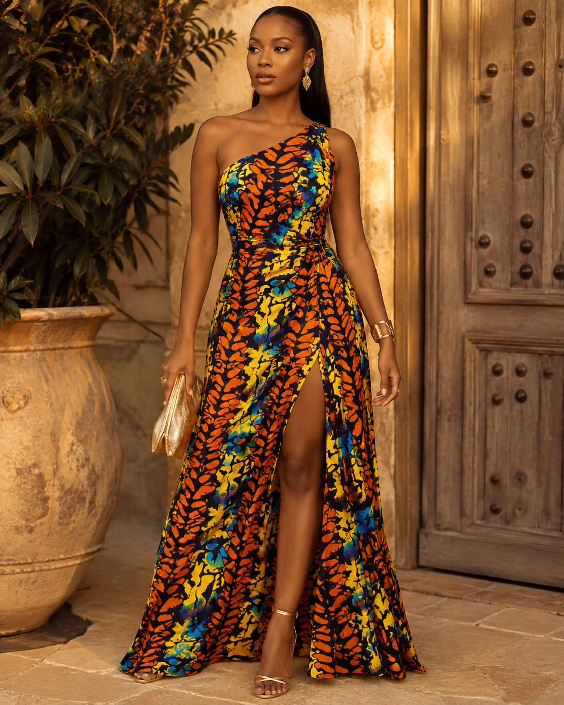 Black Orange & Yellow Tropical Leaf African Fabric – African Wax Print (6 Yards UK) – MASI2550