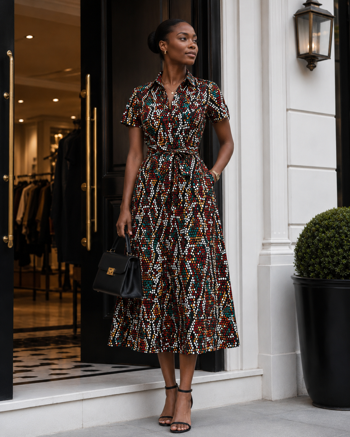A woman stands in front of a boutique doorway wearing a short-sleeve collared midi dress with an allover geometric print in black, red, green, and white. She is holding a black handbag and wearing black strappy heels.