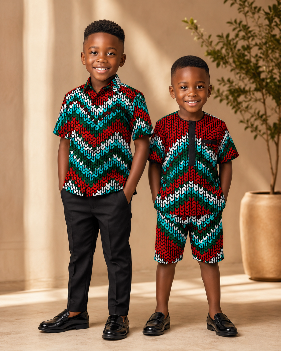 Two children wearing colorful patterned outfits standing against a beige wall.