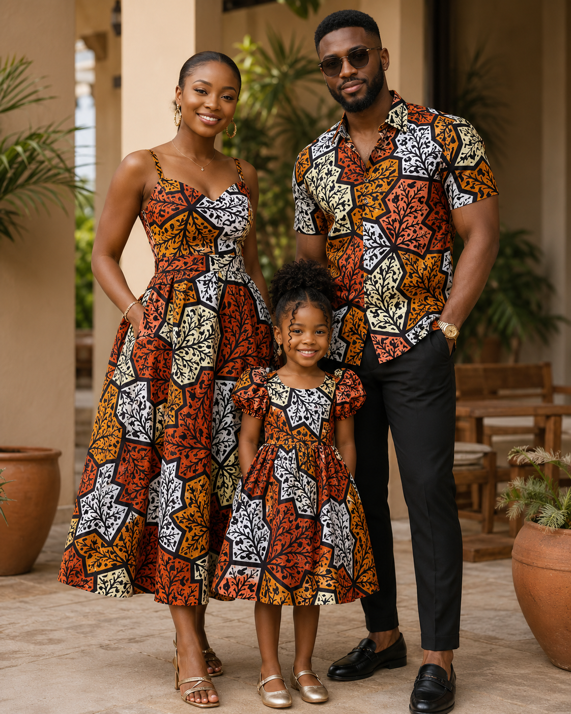 Family of three wearing matching African print outfits standing outdoors.