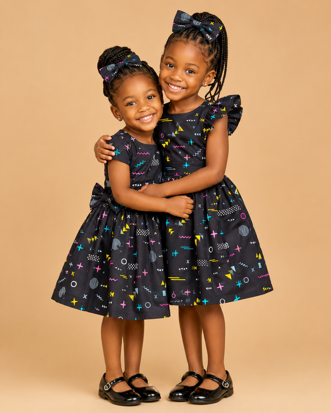 Two young girls wearing matching dresses with a colorful pattern on a beige background