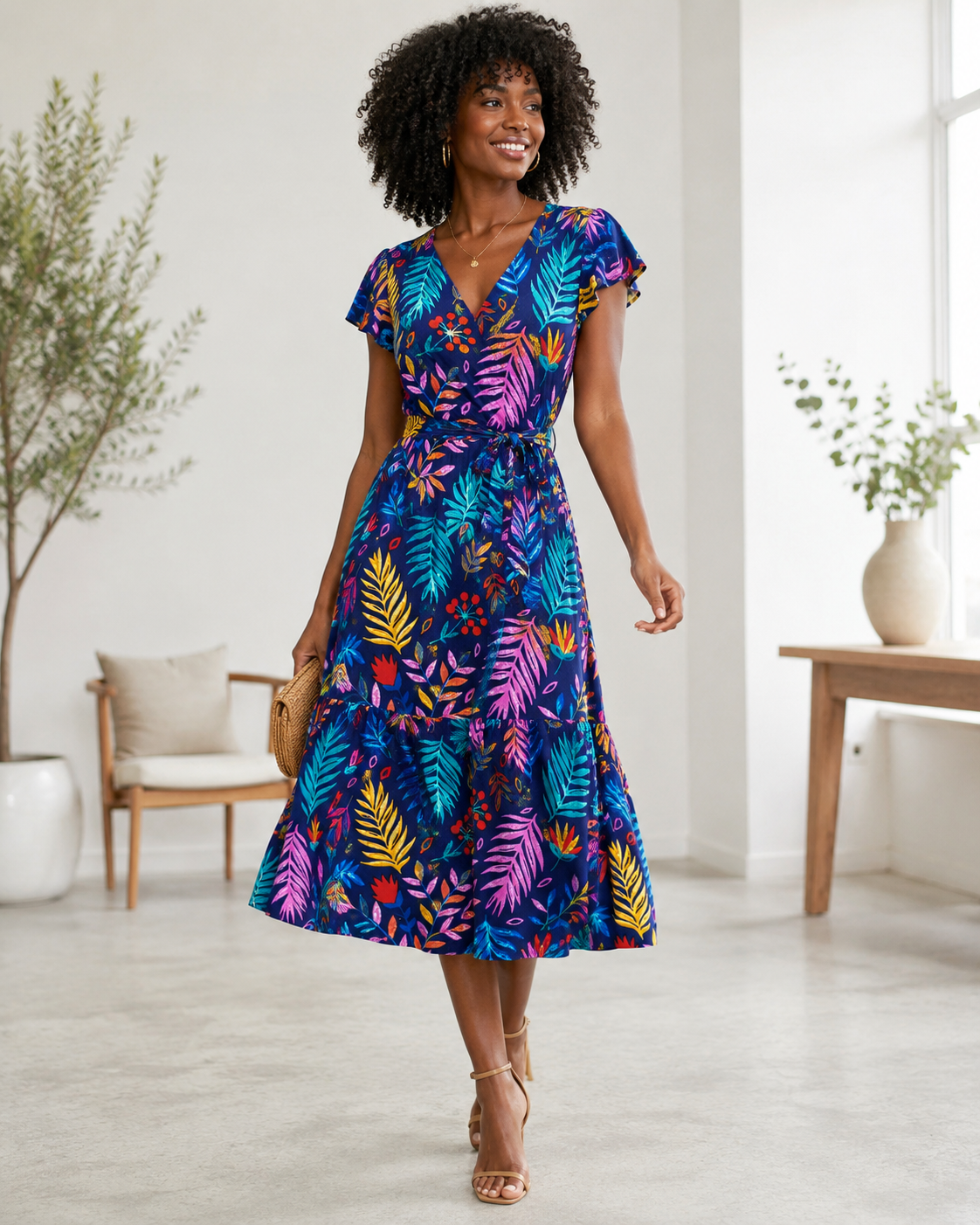 Woman wearing a colorful floral dress in a bright room with plants and furniture.