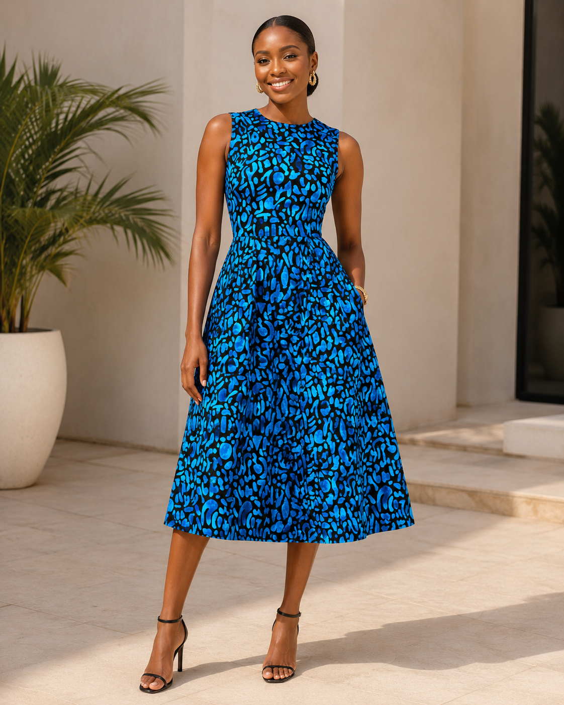 Woman wearing a blue patterned dress standing outdoors.