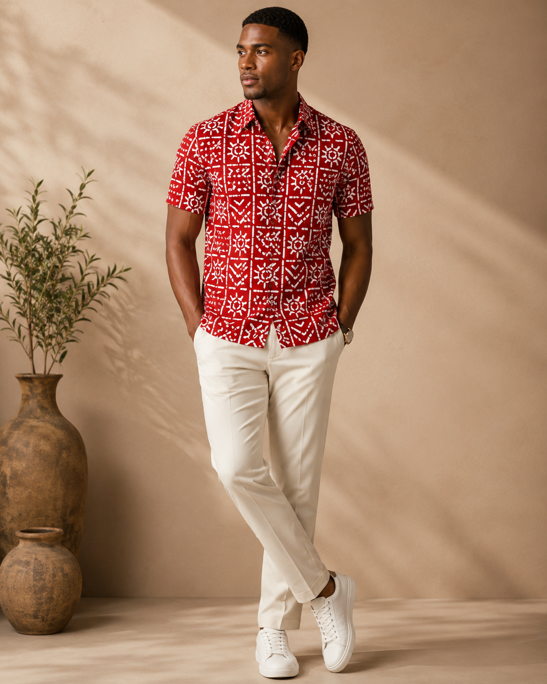 Man wearing a red patterned shirt and white pants standing against a beige wall with decorative vases.