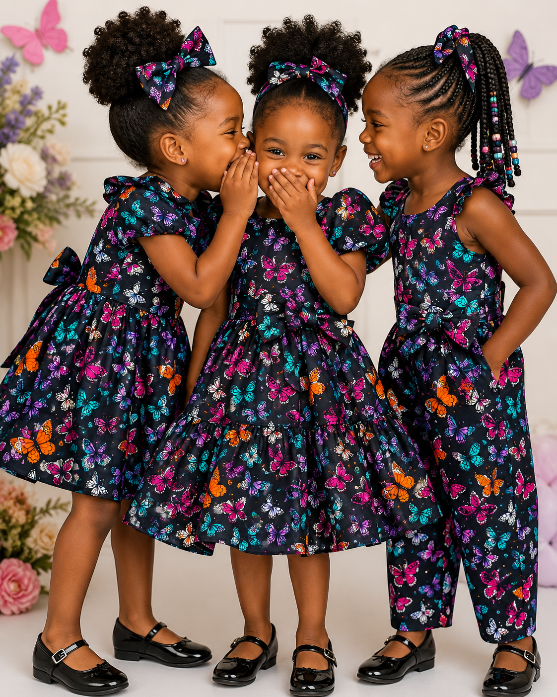 Three children in matching floral outfits standing close together with a decorative background.