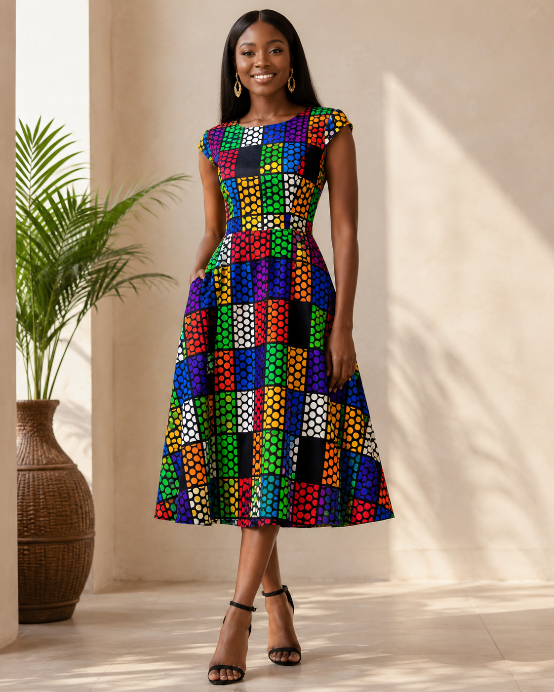 Woman wearing a colorful patterned dress standing in a room with a plant and vase.