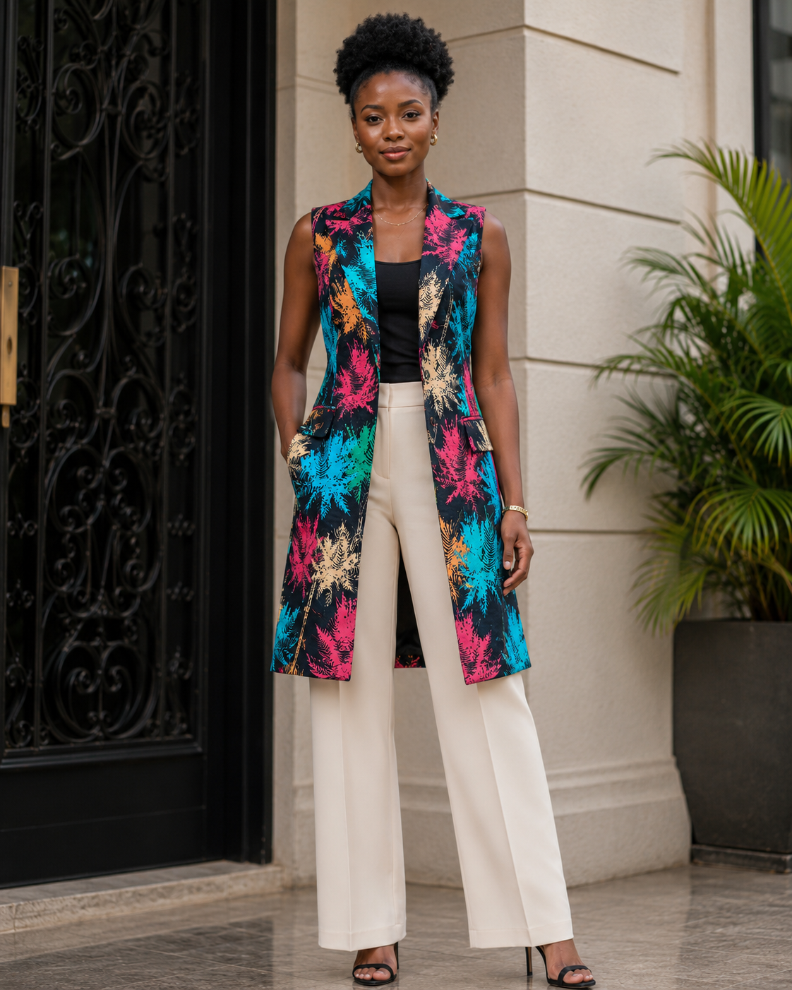 A woman stands outdoors in front of a beige building wall and black ornamental door, wearing a sleeveless open-front vest with a bold floral print in turquoise, pink, orange, and black over a black top and white wide-leg pants.