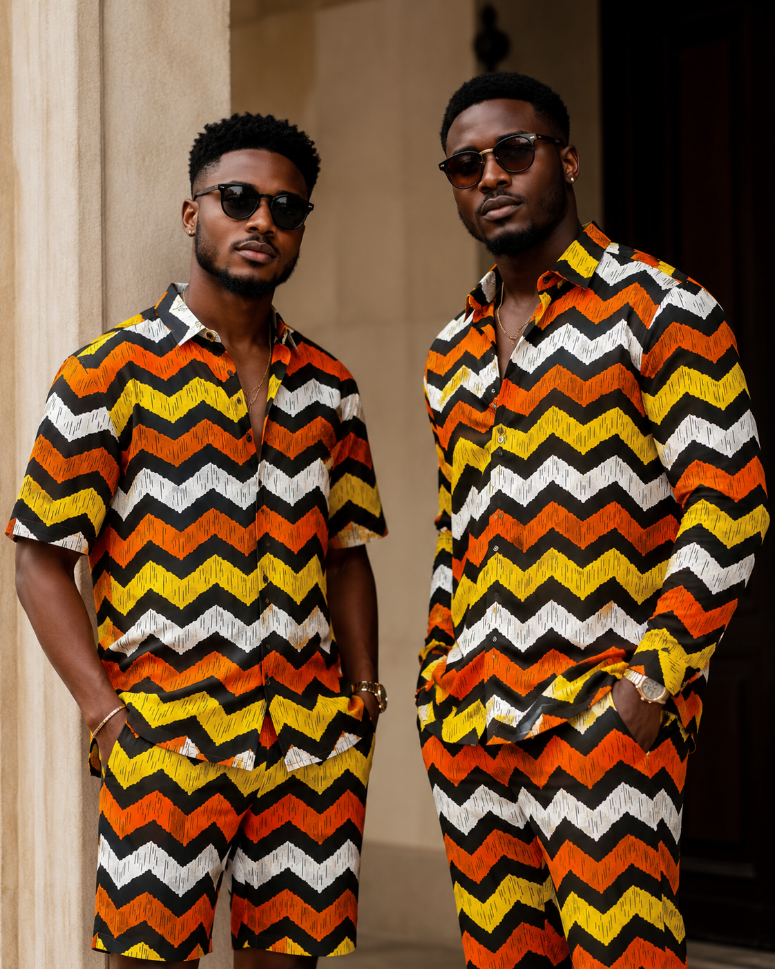 Two men wearing matching colorful zigzag pattern outfits standing side by side.