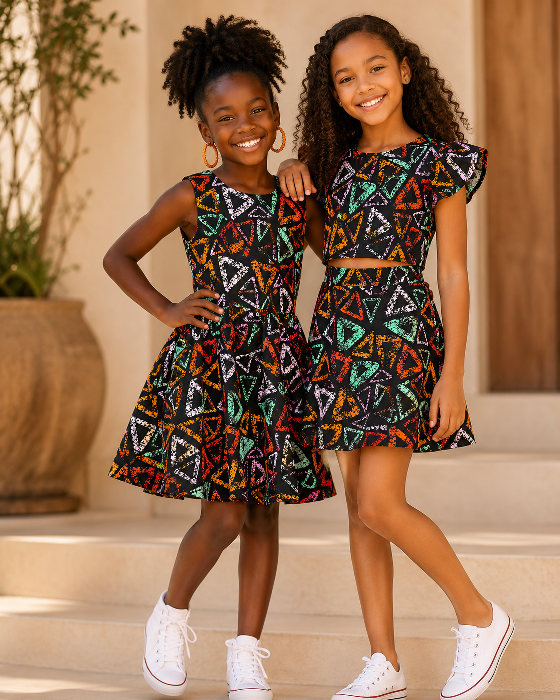 Two young girls wearing colorful patterned outfits standing outdoors.