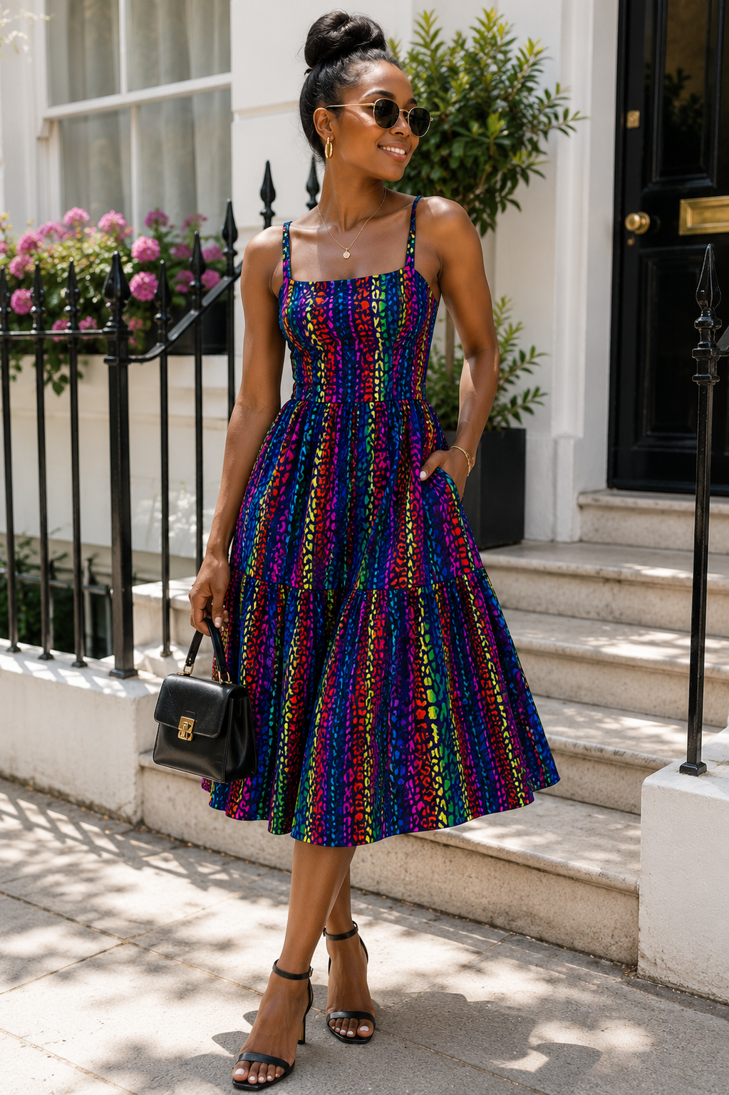 A woman wearing a sleeveless, tiered midi dress with a vibrant multicolor vertical chain-link pattern in purple, blue, green, yellow, and red. She is standing on white stone steps in front of a white building with a black door, holding a small black handbag.