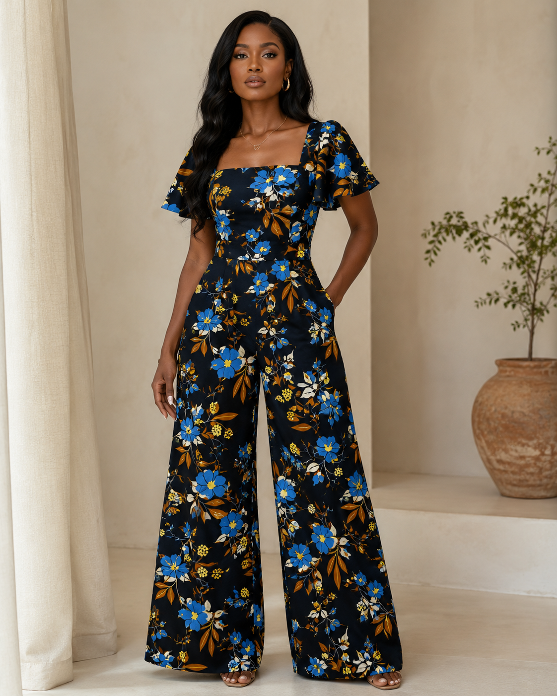 Woman wearing a floral jumpsuit standing in a room with a plant and pot.