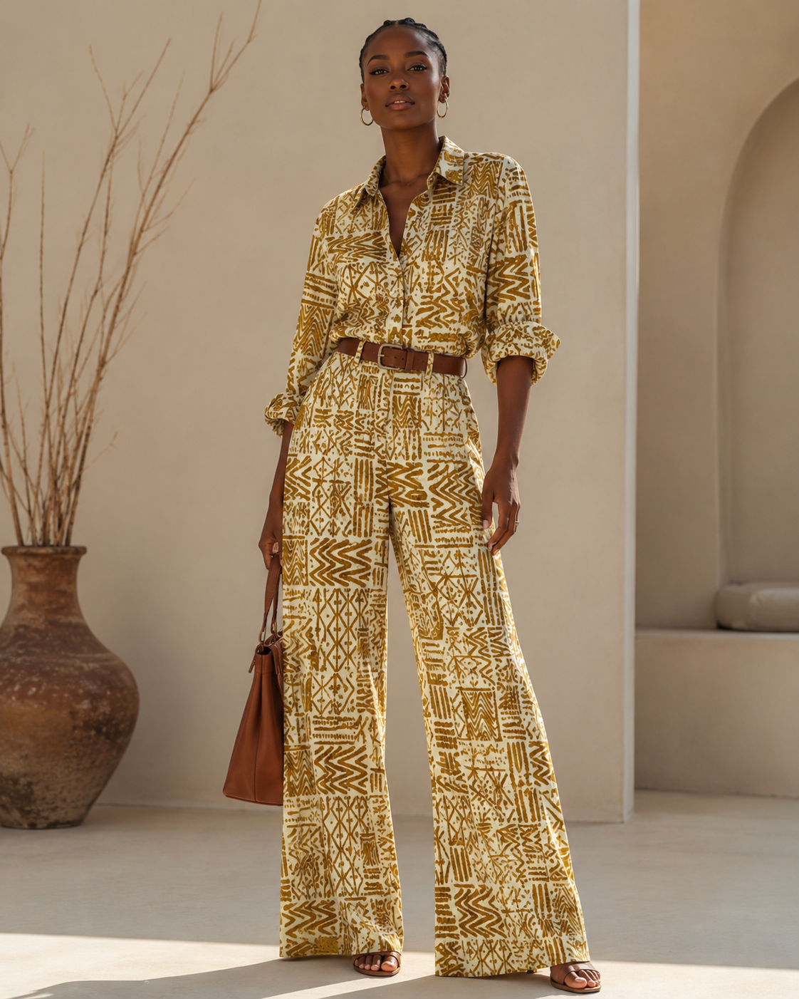 A woman models a matching two-piece set featuring a collared long-sleeve shirt and wide-leg trousers in a yellow and white geometric pattern, styled with a brown belt and holding a brown handbag.
