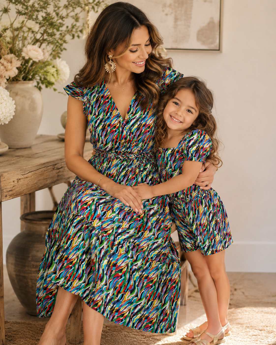 Woman and child in matching colorful dresses standing together indoors.