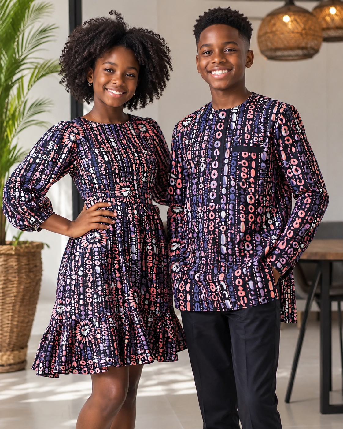 Two children wearing matching patterned outfits standing indoors.