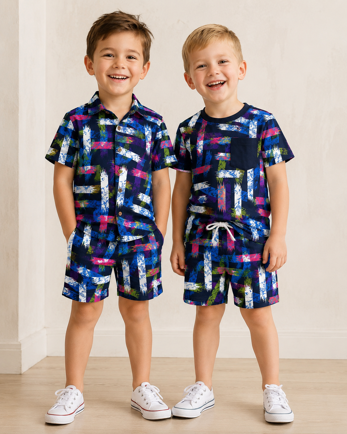 Two young boys wearing matching colorful outfits standing side by side on a light wooden floor.