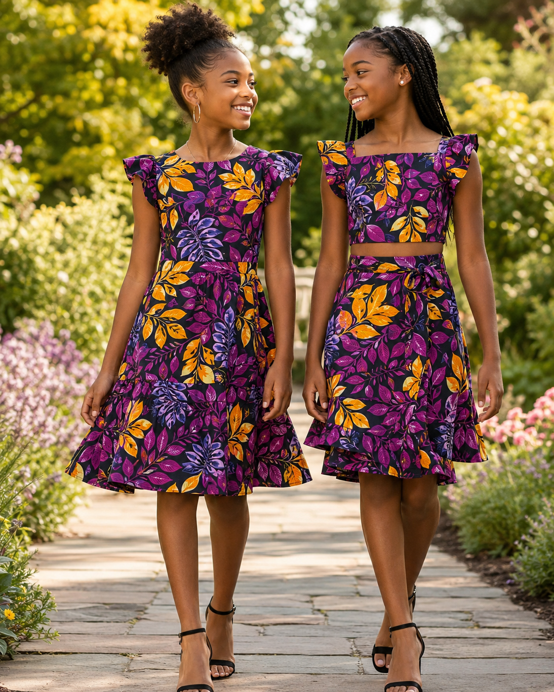 Two young girls in matching purple floral dresses walking outdoors on a wooden path.