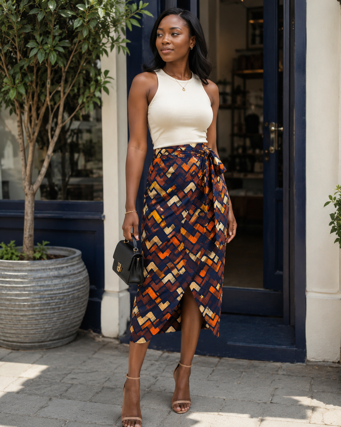A woman stands outdoors in front of a building entrance wearing a sleeveless cream top and a knee-length wrap skirt with a bold geometric zigzag pattern in navy, orange, beige, and yellow. She is holding a small black handbag and wearing tan heeled sandals.