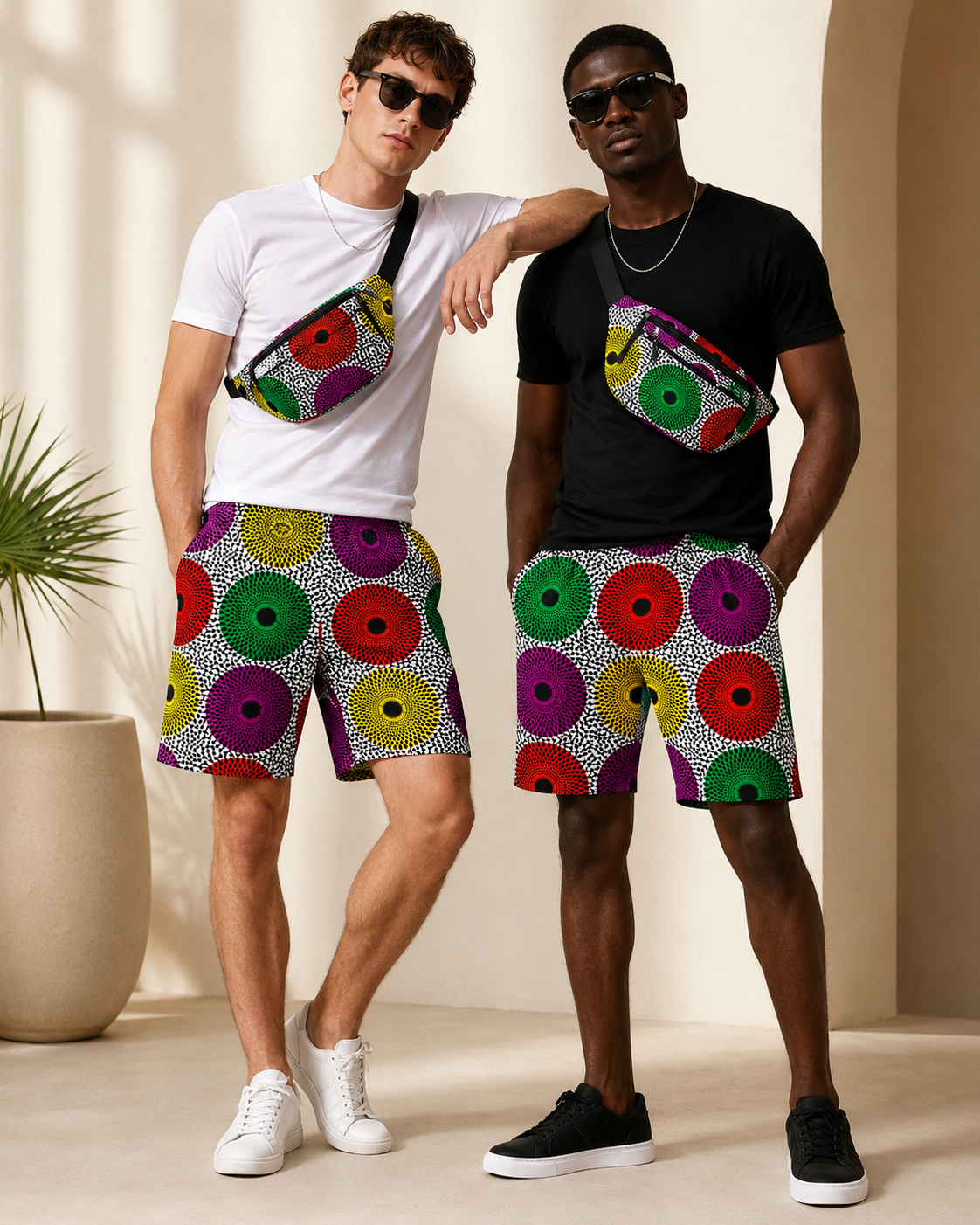 Two men wearing colorful shorts and matching bags in a neutral setting