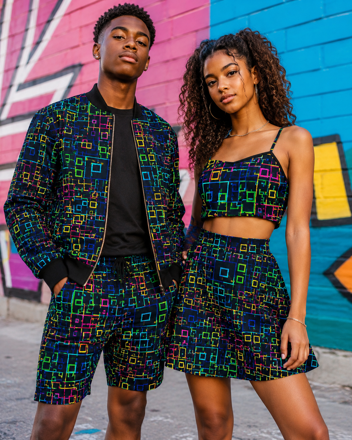 Two people wearing colorful geometric-patterned outfits standing in front of a vibrant graffiti wall.