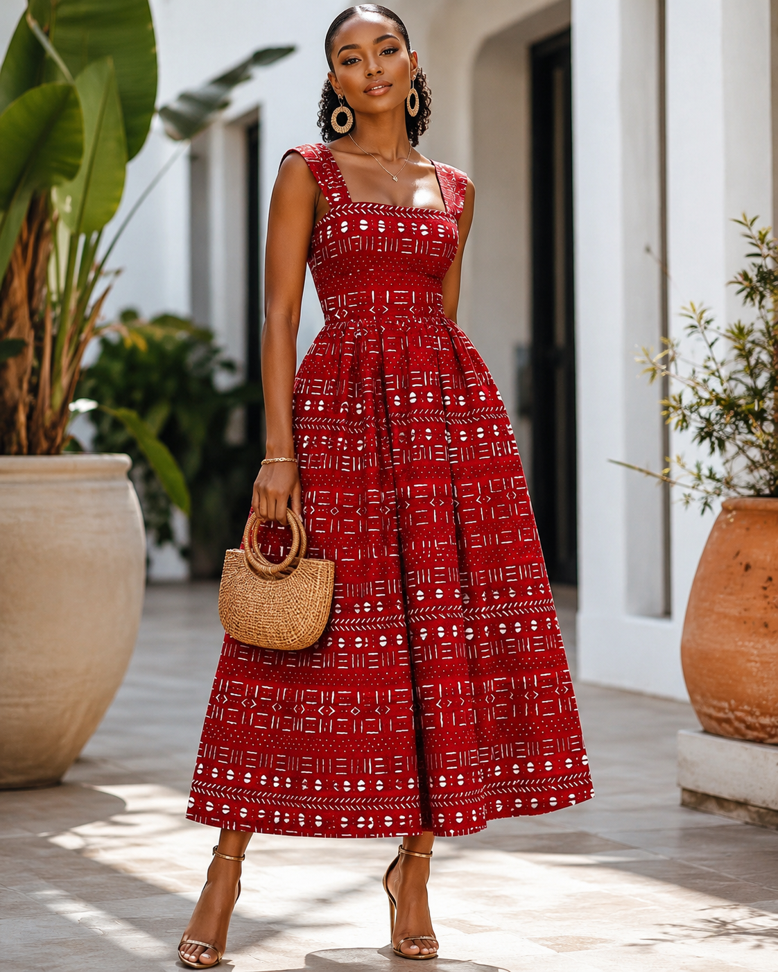 Woman in a red patterned dress standing outdoors with plants and a white wall in the background