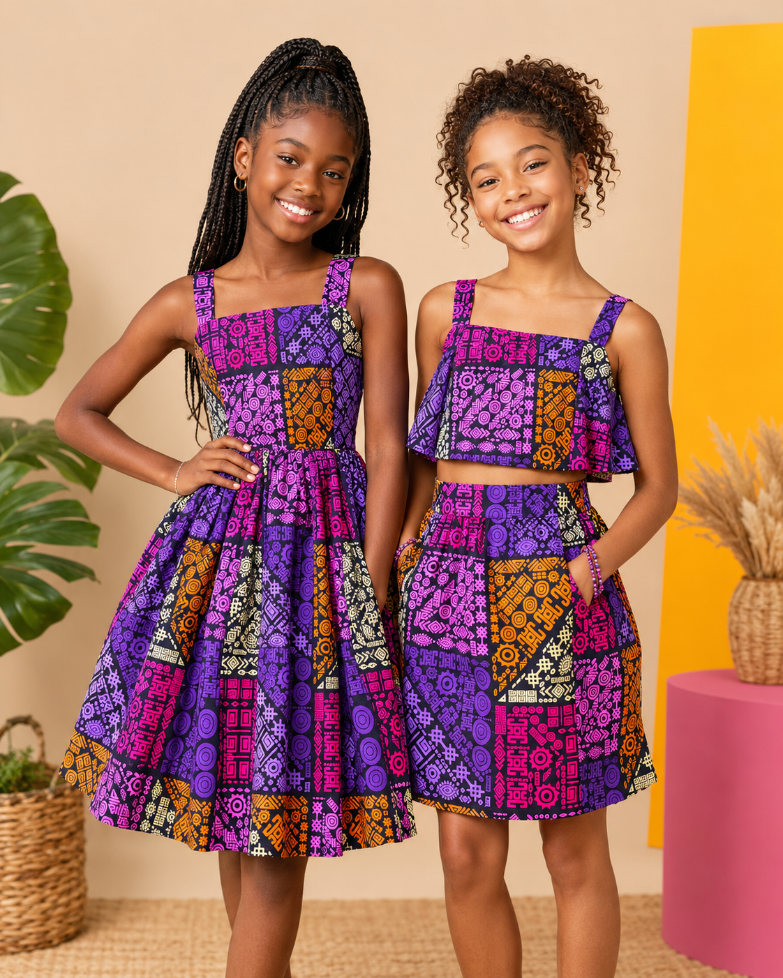Two young girls wearing matching colorful dresses with a geometric pattern against a warm-toned background.