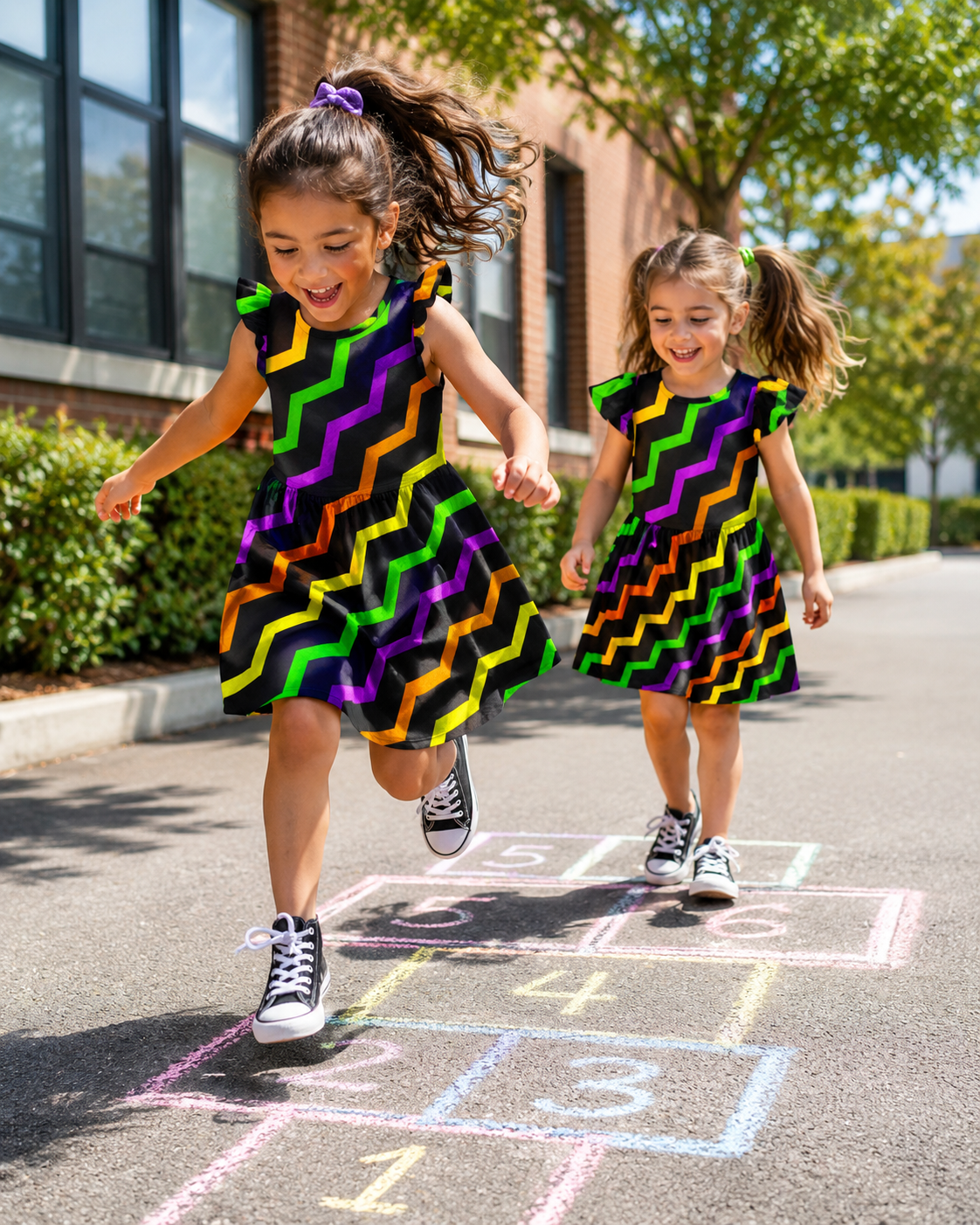 Two young girls in colorful dresses playing hopscotch on a sidewalk.