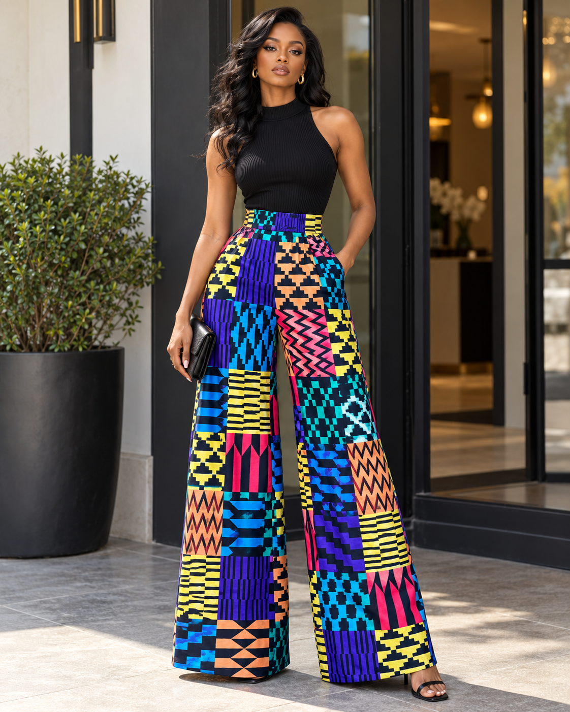 Black Multicolour Kente-Inspired Patchwork African Fabric – African Wax Print (6 Yards UK) – MASI2625