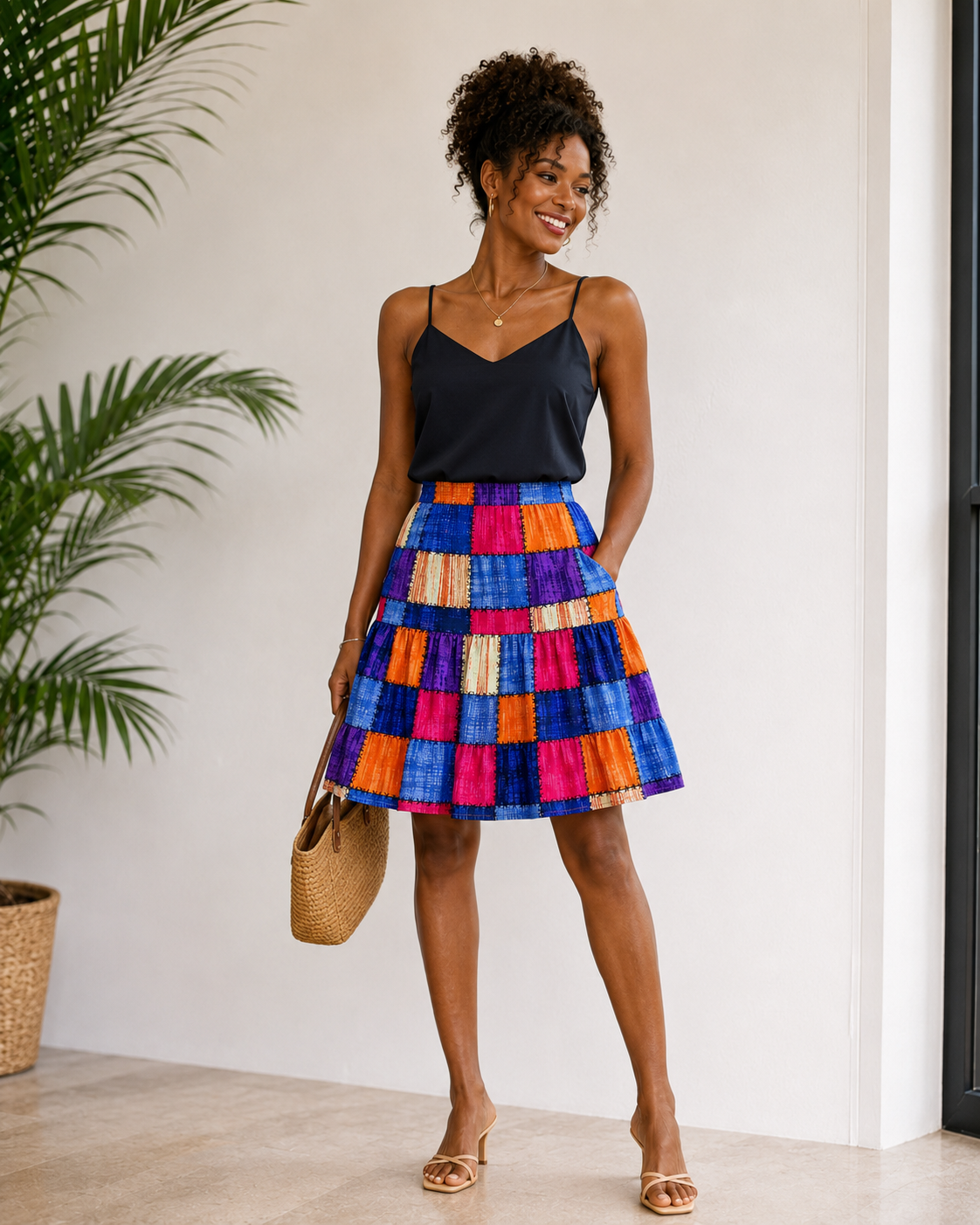 A woman stands indoors wearing a sleeveless black camisole top and a colorful patchwork mini skirt with bright blue, purple, orange, pink, and beige blocks. She is holding a woven straw tote and wearing beige heeled sandals, with a potted palm and white wall in the background.