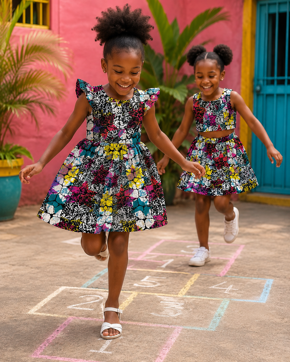 Two young girls in colorful dresses playing hopscotch on a colorful outdoor floor.