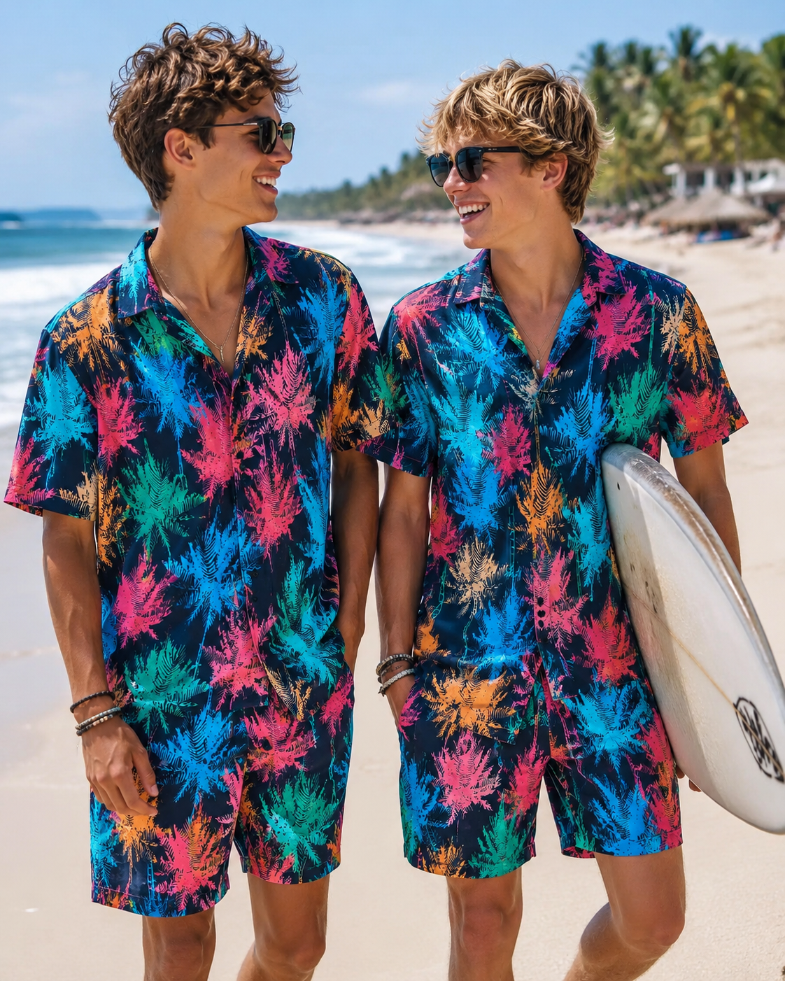 Two people wearing colorful floral shirts on a beach.