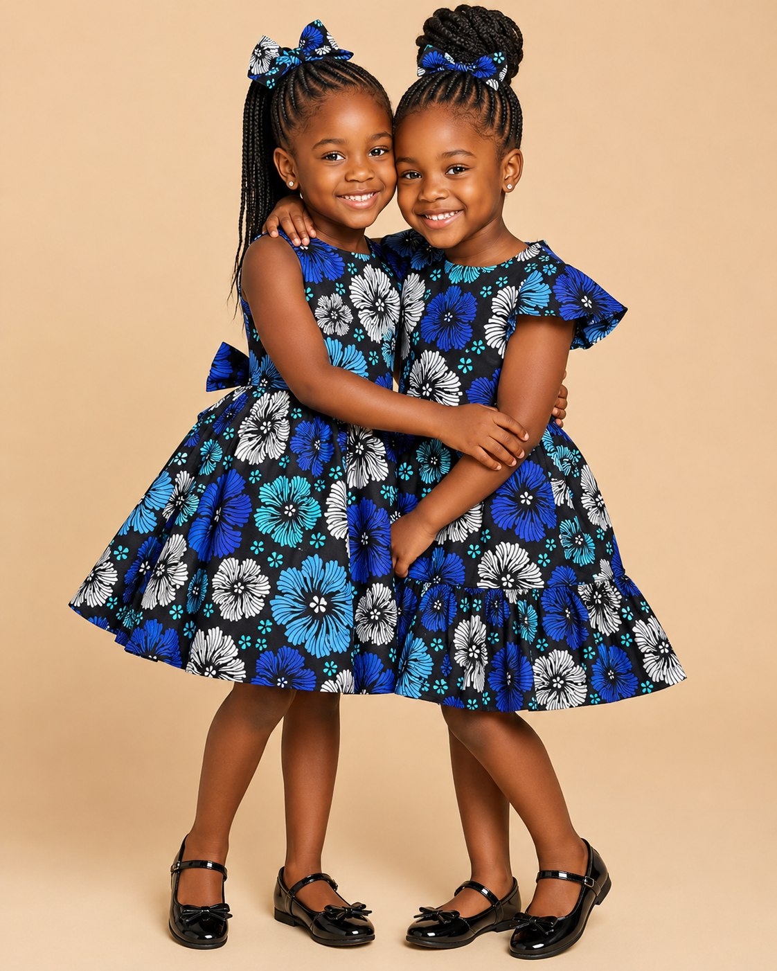 Two young girls wearing matching blue floral dresses on a beige background