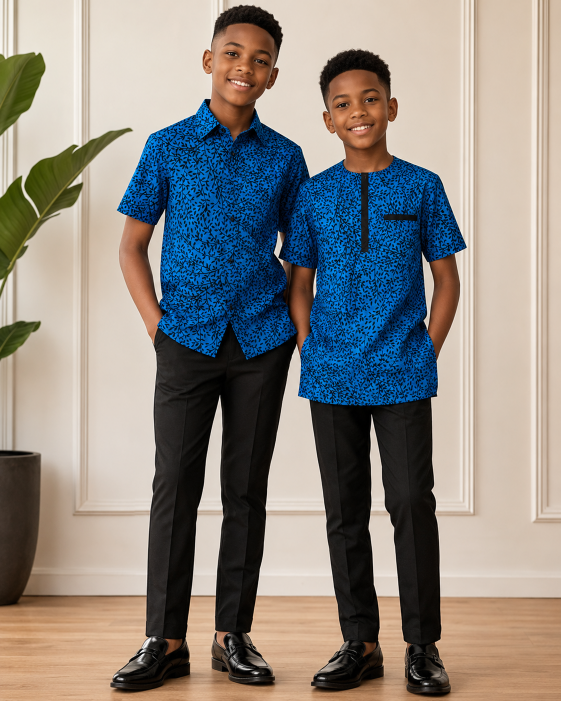 Two young boys wearing matching blue shirts and black pants standing indoors.