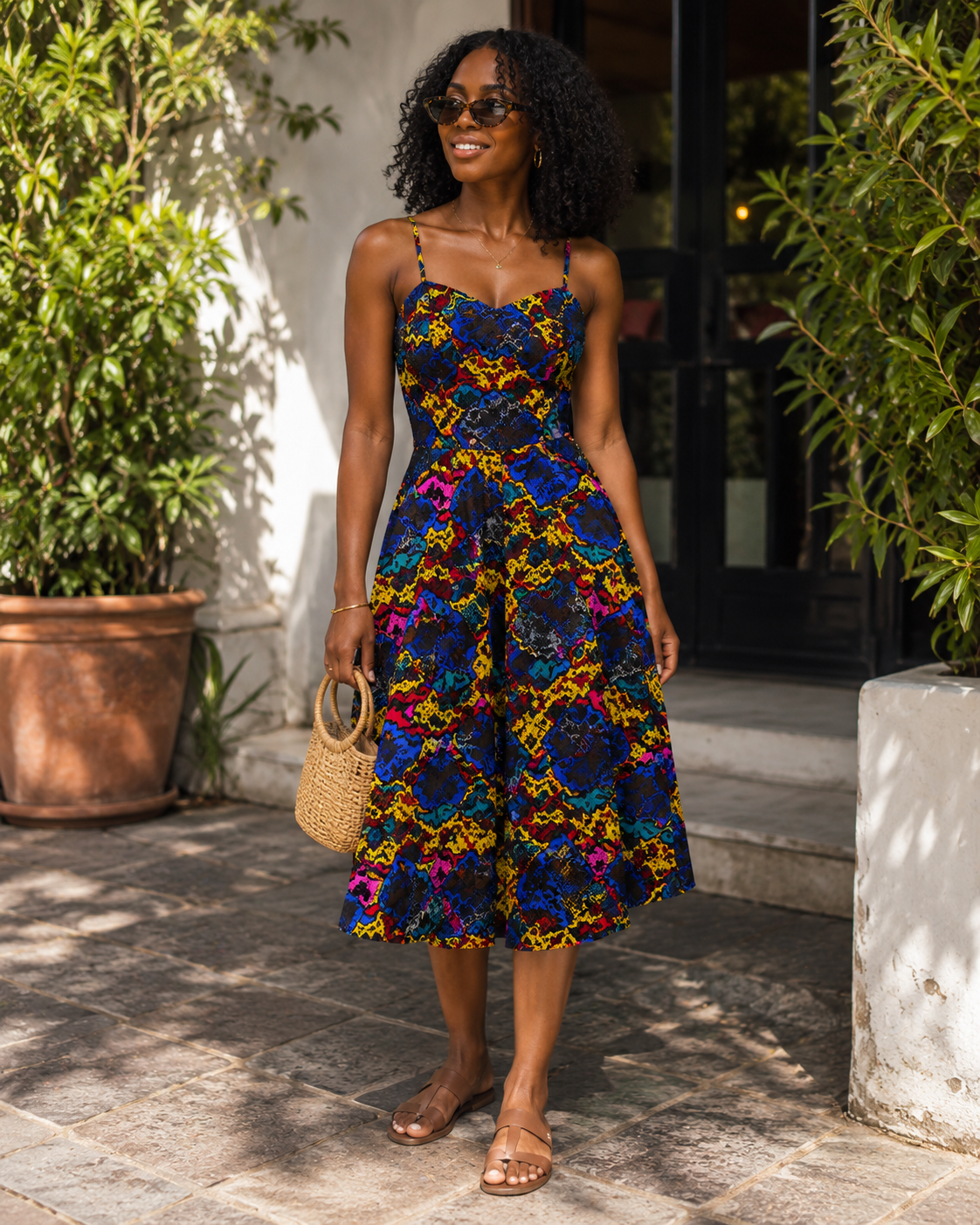 A woman wearing a colorful floral midi dress with spaghetti straps, standing outdoors on a stone patio with potted plants and a building entrance in the background.