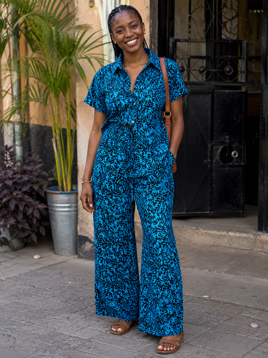 Woman in a blue floral jumpsuit standing on a street with plants and a building in the background.