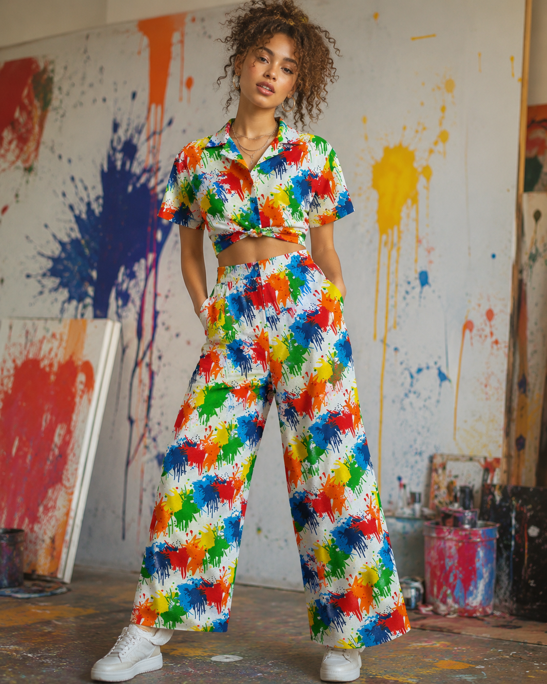 Person wearing a colorful outfit in an art studio with paint splashes on the wall.