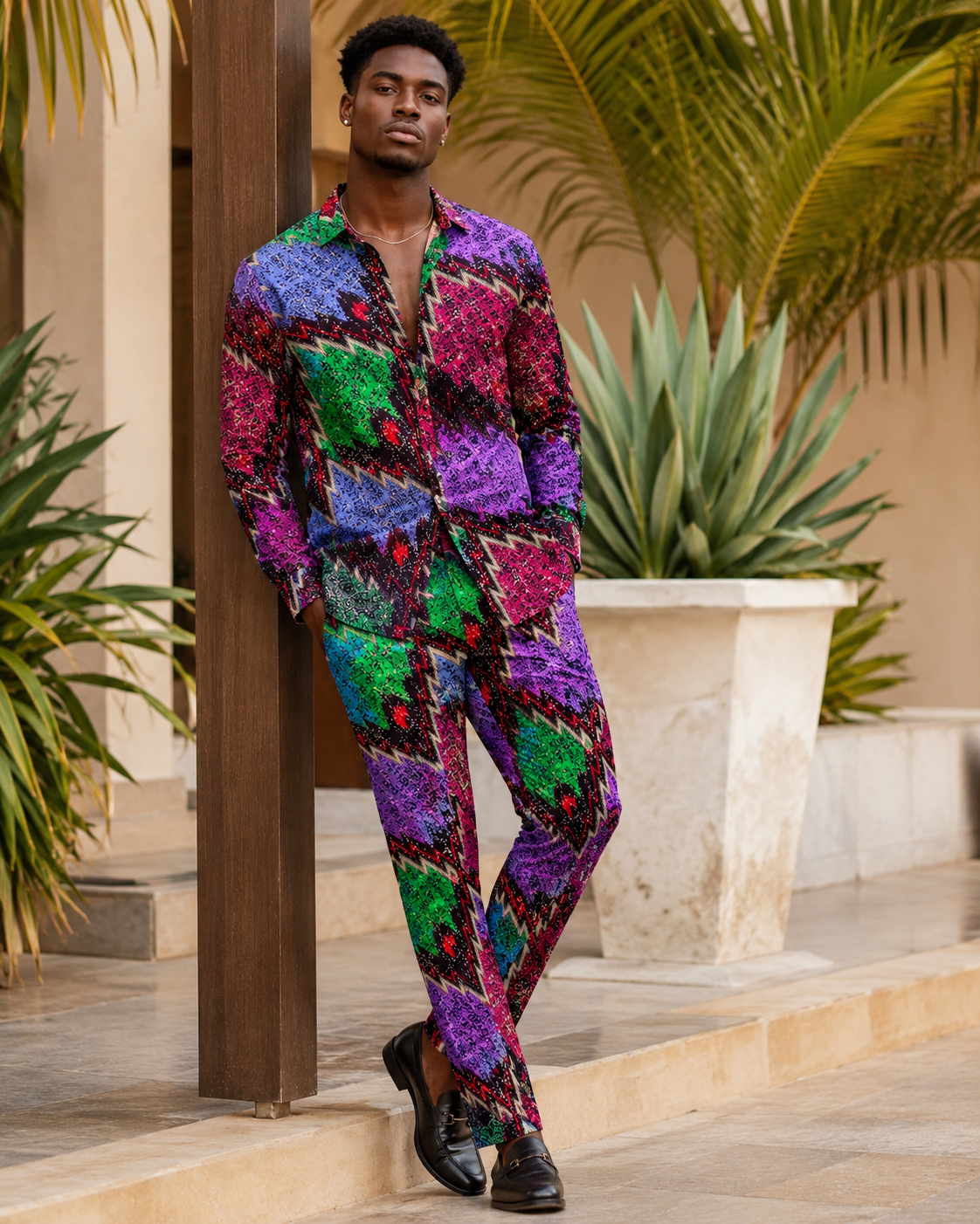 Man wearing a colorful checkered outfit standing outdoors with plants in the background