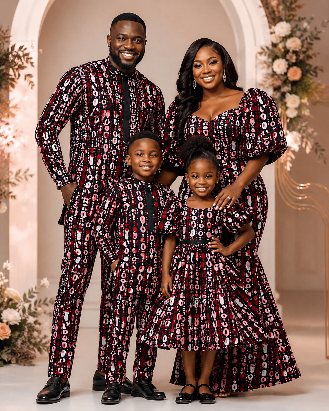 Family of four in matching patterned outfits standing together in a decorated indoor setting.