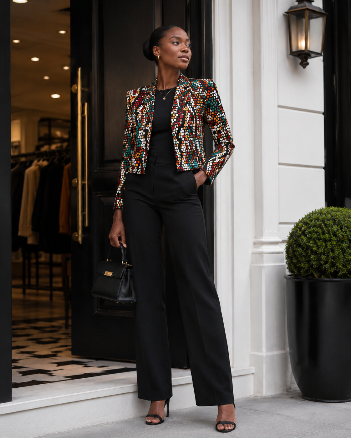 A woman stands on a storefront sidewalk wearing a black wide-leg pants suit with a short, heavily embellished multicolor sequined blazer. She is holding a black handbag.
